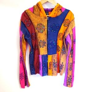 Colorful Patchwork Festival Boho Zip Up Hooded Jacket w/ Elf/ Pixie Hood Sz L/XL